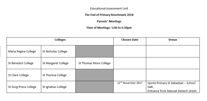 End of Primary Benchmark 2018 Parents' Meetings