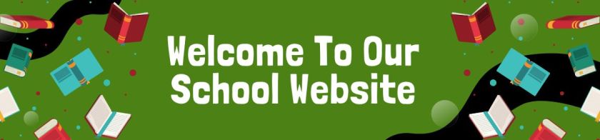 Banner saying "Welcome to our school website" with floating books for decoration.