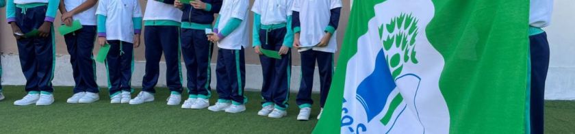 Children standing in line, with the EkoSkola flag in the foreground.