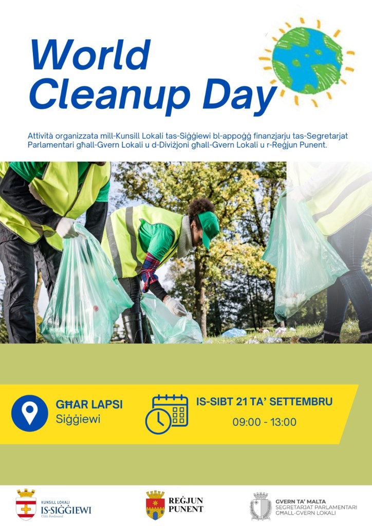 A poster for world clean-up day organised by Siggiewi Local Council on Saturday 21 September between 09:00 and 13:00 in Ghar Lapsi.