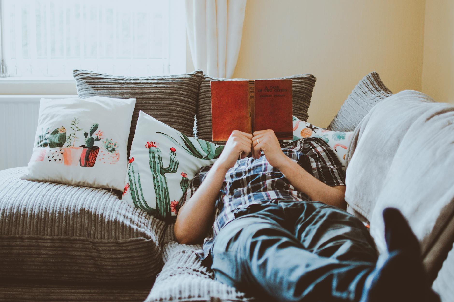 Man, lying on sofa, with plenty of cushions, reading a book. The book is held with both hands and covers the man's face.