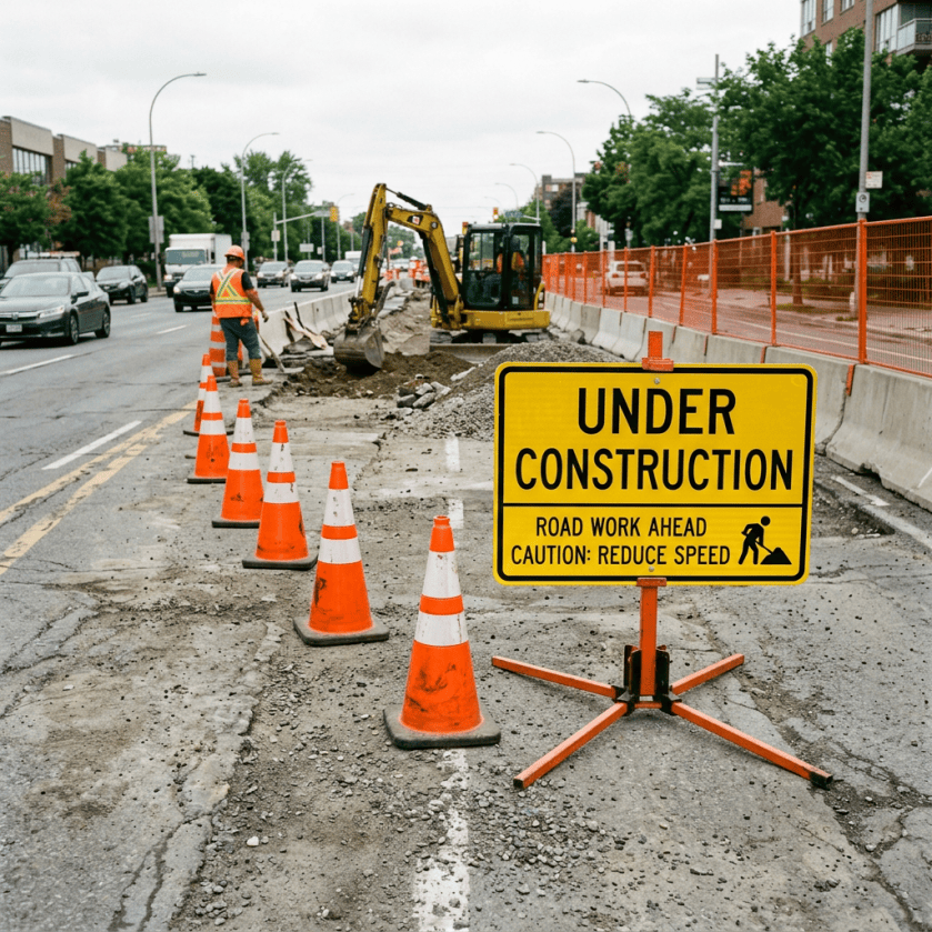 Under construction sign with warning cones